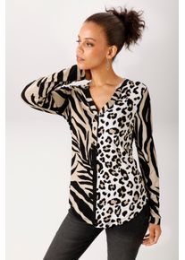 Schlupfbluse Aniston CASUAL, Damen, Gr. 46, schwarz-wei&szlig; (beige, schwarz, wollwei&szlig;, dunkelbeig), Single Jersey, Obermaterial: 95% Viskose, 5% Elasthan, bedruckt, figurumspielend h&uuml;ftbedeckend, V-Ausschnitt, angesetztes B&uuml;ndchen, Blusen Schlupfbluse, im Zebra-Dessin mit Leo-Einsatz - NEUE KOLLEKTION