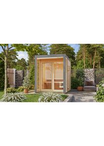 Saunahaus Karibu "Adrian 1" naturbelassen-graualuminium", braun (naturbelassen), Saunaofen, externe Steuerung, 400 kW, Saunen, Saunahaus, Nordischer Fichte,Stahlecken- und Dachabschluss, Ofen 9kW externe Strg