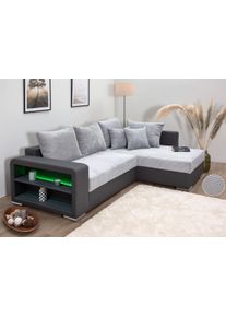 Ecksofa Collection AB "John L-Form, B: 226 cm", grau (hellgrau), B:226cm H:40cm T:160cm, 100%Polyester, Sofas, Ecksofa, Bettfunktion, Bettkasten, Regalelement, Licht & 2 Zierkissen