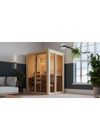 Sauna Karibu "Ivana 1", beige (naturbelassen), Bio-Kombiofen, externe Steuerung, 3,6 kW, Saunen, Sauna, Ganzglasfront, 3,6 kW Ofen mit intgr. Steuerung