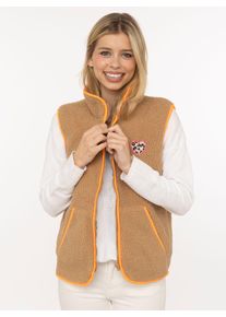 Fleeceweste Zwillingsherz "Leo Herzpatch", Damen, Gr. L, braun (taupe), Pl&uuml;sch, Obermaterial: 100% Polyester, kontrastfarbene Details, unifarben, h&uuml;ftbedeckend, ohne Ausschnitt, Westen Fleeceweste, kuschelig weich, mit Eingriffstaschen, Stehkragen, Rei&szlig;verschluss