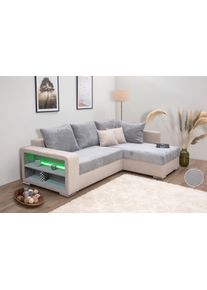 Ecksofa Collection AB "John L-Form, B: 226 cm", grau (hellgrau), B:226cm H:40cm T:160cm, 100%Polyester, Sofas, Ecksofa, Bettfunktion, Bettkasten, Regalelement, Licht & 2 Zierkissen