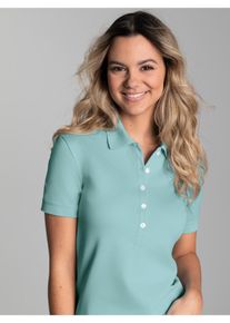 Poloshirt TRIGEMA "TRIGEMA Poloshirt mit Kristallsteinen", Damen, Gr. M, blau (gletscher), Piqu&eacute;, 94% Baumwolle, 6% Elastan, Basic, lang, ohne Ausschnitt, Shirts Poloshirt