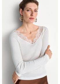 Longsleeve RICHROYAL, Damen, Gr. XS, wei&szlig; (pearl wei&szlig;), Rip Jersey;Spitze, Obermaterial: 98% Viskose, 2% Elasthan, slim fit, V-Ausschnitt, Shirts Longsleeve, elaganter V-Ausschnitt mit Spitze