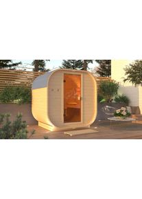 Fasssauna Karibu "Quadro 1" SET, naturbelassen mit Ofen 9 kW", beige (naturbelassen), Saunaofen, externe Steuerung, 400 kW, Saunen, Fasssauna, aus hochwertiger nordischer Fichte