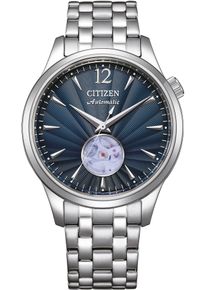 Automatikuhr Citizen, silber (silberfarben, dunkelblau), Armbanduhren, Damen, Automatikuhr, Armbanduhr, Herrenuhr, Damenuhr, offene Unruh, Edelstahlarmband