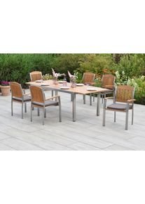 Garten-Essgruppe Merxx "&raquo;Keros&laquo;", beige (natur, natur, silber), Edelstahl, Massivholz, Sitzm&ouml;bel-Sets, Garten-Essgruppe, Ausziehtisch: LxB: 180-240 x 100 cm