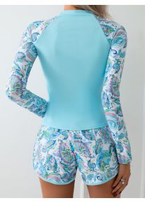 Women's Swimwear Tankini Long Sleeve Crop Tankini Top High Waist Shorts Swim Tank Round Neck Two Piece Swimsuit Pastel Blue Set