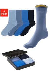 Socken Bench., Damen, Gr. 35-38, blau (1x royal blau, 1x marine, 1x blau, 1x jeans), Baumwollmischung, unifarben, elastisch, Socken Socken, mit farbigen Innenb&uuml;ndchen, sortiert in edler Geschenkdose