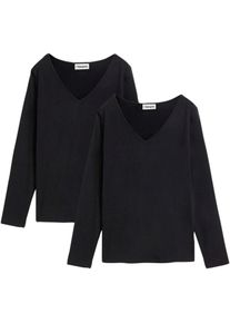 Langarmshirt bonprix "Figurbetontes Langarmshirt (2er Pack)", Damen, Gr. 36/38 (S), schwarz (schwarz, schwarz), Jersey, Obermaterial: 95% Baumwolle, 5% Elasthan, unifarben, slim fit normal, tiefer V-Ausschnitt, Shirts Langarmshirt, Slim fit Passform, mit V-Ausschnitt, aus Baumwolle und Elasthan