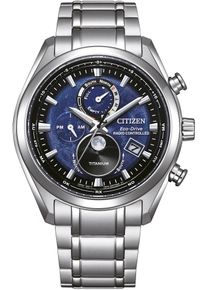 Funkchronograph Citizen "Tsuki-yomi", silber (titansilberfarben, blau), Armbanduhren, Herren, Funkchronograph, Armbanduhr, Herrenuhr, Solar, Titan, Stoppfunktion, Mondphase