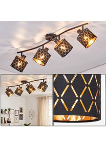 hofstein Ceiling Spotlight Alsen, four gold-black geometric fabric shades, individually rotatable Curved ceiling bar with separately rotating light heads, E14 sockets, for living room and dining room