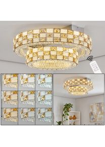 hofstein LED Ceiling Light Seloria, tiered ring, faceted amber and clear glass, 2700&ndash;6000 Kelvin Chrome metal, 2267 Lumen, remote night light, memory function