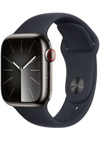 Apple Watch Series 9 Rostfritt st&aring;l 41 mm (2023) | GPS + Cellular | grafit | Sportband Midnatt S/M