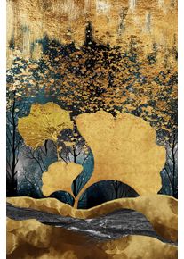 Leinwandbild queence "Gingko in Gold, Canvas Bild von Hand bespannt", farbe bild(er): gold,schwarz,gr&uuml;n,grau, B:80cm H:120cm T:2cm, Bilder, Leinwandbild, Zeitlose Ginkgo-Motive in hellen Farben