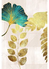 Leinwandbild queence "Gingko und Bl&auml;tterbild, Canvas Bild von Hand bespannt", gold (farbe bild(er): wei&szlig;,gold,grau,hellgrau,gr&uuml;n,t&uuml;rkis), B:80cm H:120cm T:2cm, Bilder, Leinwandbild, Zeitlose Ginkgo-Motive in hellen Farben