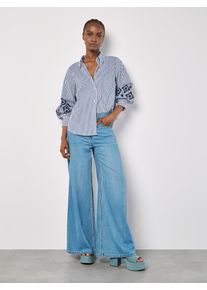 Hemdbluse Apricot "Streifenhemd", Damen, Gr. M (38), blau, gewebt, Obermaterial: 70% Baumwolle CO. 27% Nylon NY. 3% Elasthan EL., gestreift, 1-Knopf-Manschetten, Blusen Hemdbluse, mit Ballon&auml;rmeln und Stickerei