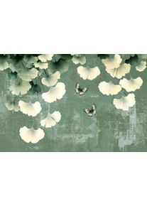 Leinwandbild queence "Gingko mit Schmetterlingen, Canvas Bild von Hand bespannt", farbe bild(er): wei&szlig;,gr&uuml;n,t&uuml;rkis, B:40cm H:30cm T:2cm, Bilder, Leinwandbild, Zeitlose Ginkgo-Motive in hellen Farben
