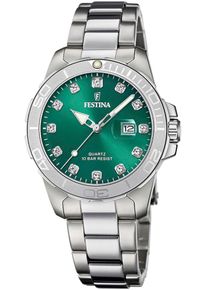 Quarzuhr Festina "Boyfriend Collection", silber (silberfarben, gr&uuml;n), Armbanduhren, Damen, Quarzuhr, Armbanduhr, Damenuhr, Edelstahlarmband, bis 10 bar wasserdicht, Datum