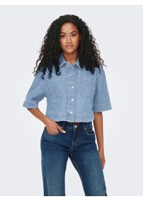 Jeansbluse Only "ONLCLEO LIFE SS CROP DNM SHIRT PIM NOOS", Damen, Gr. XS, blau (light blau denim), Denim/Jeans, Obermaterial: 100% Baumwolle, unifarben, taillenlang, Blusen Jeansbluse, Baumwolle