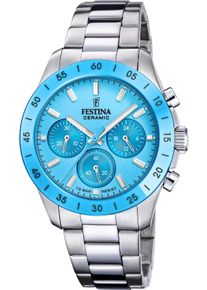 Chronograph Festina "Ceramic", silber (silberfarben, hellblau), Armbanduhren, Damen, Chronograph, Quarzuhr, Armbanduhr, Damen, Herren, Edelstahlarmband, Keramikl&uuml;nette