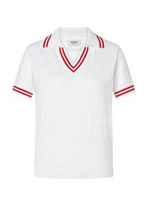 JOOP! Poloshirt JOOP "Kalena", Damen, Gr. L, wei&szlig;, Strick, Obermaterial: 100% Baumwolle, unifarben mit Farbeins&auml;tzen, h&uuml;ftbedeckend, V-Ausschnitt, Rippstrickb&uuml;ndchen, Shirts Poloshirt, mit Logo-Jacquard