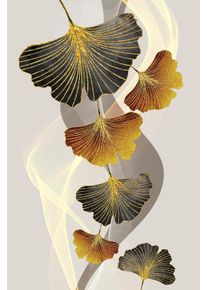 Leinwandbild queence "Ginkgo in Gold und Grau, Canvas Bild von Hand bespannt", wei&szlig; (farbe bild(er): gold,grau,dunkelgrau,gelb,beige), B:60cm H:90cm T:2cm, Bilder, Leinwandbild, Zeitlose Ginkgo-Motive in hellen Farben