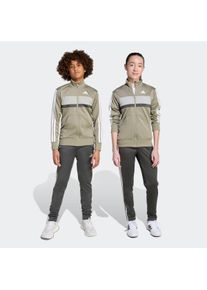 Trainingsanzug adidas Sportswear "SEASONAL ESSENTIALS TIBERIO 3-STREIFEN TRICOT KIDS", Damen, Gr. 128, silber (silber pebble, grau six, metal grau, wei&szlig;), Obermaterial: 100% Polyester, Sportanz&uuml;ge Trainingsanzug