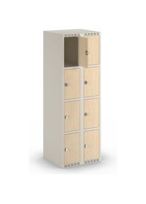 4-vaks lockerkast Fydor, HPL, 2 compartimenten, wit/berkenhout, B 600 mm, platte dakvorm, hangslot