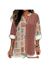 INSTANTARTS Women'S Linen V-Neck Shirt Breathable Long-Sleeved Top Blouse Roll-Up Cuff Lightweight Comfortable Soft Rtero Flower