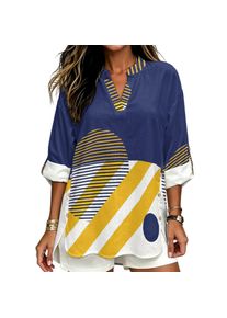 INSTANTARTS Women'S Linen V-Neck Shirt Breathable Long-Sleeved Top Blouse Roll-Up Cuffs Lightweight Comfortable Soft Abstract