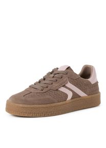 Plateausneaker Tamaris, Damen, Gr. 42, Textil, braun, rose, Lederimitat, Veloursleder, Fischgratmuster, unifarben mit Farbeinsatz, Schuhe Plateausneaker, Freizeitschuh, Halbschuh, Schn&uuml;rschuh im Retro-Look