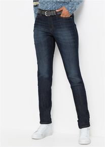 Mom-Jeans bonprix, Damen, Gr. 40, K-Gr, blau (dunkelblau used), Denim/Jeans, Obermaterial: 82% Baumwolle, 17% Polyester, 1% Elasthan, unifarben, regular fit lang, Jeans Mom-Jeans, Regular Fit, mit Eingrifftaschen, Ges&auml;&szlig;taschen und Coinpocket
