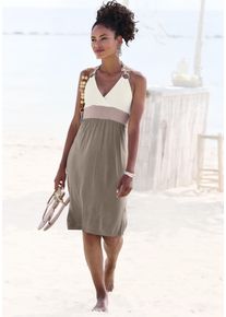 Jerseykleid BEACHTIME BY LASCANA "mit Color-Blocking-Optik, Neckholderkleid mit Zierringen, sommerlich", Damen, Gr. 34, N-Gr, rosa (creme, taupe, rose), Jersey, Obermaterial: 100% Viskose, figurbetont kniefrei, V-Ausschnitt, Kleider Jerseykleid, Minikleid, Strandkleid, Sommerkleid, Viskosekleid, Topseller