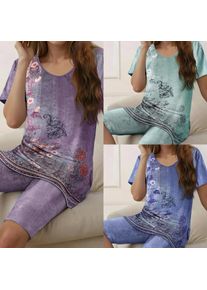 Women's Spring Summer Retro 3D Printed Milk Silk Lounge Shorts Set with Half Sleeve Graphic Tee and Matching Printed Design