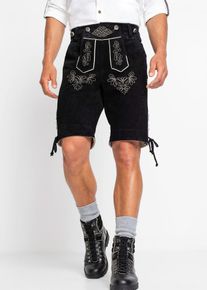 bonprix Regular Fit Trachtenhose aus Leder, schwarz, Gr.46, Kurze Lederhose mit abkn&ouml;pfbarem Latz und trachtentypischen Verzierungen, aus Glattleder