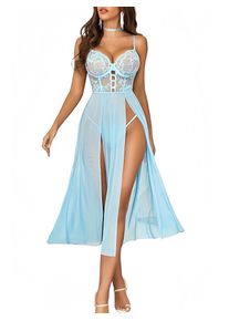 Sexy Lace Mesh Lingerie Dress Set S-2XL, No Underwire, Backless High Split Long Nightgown with Choker & Matching Thong