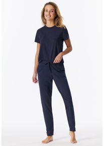 Pyjamahose Schiesser "Mix + Relax", Damen, Gr. 46, N-Gr, blau (860, tiefblau), Single Jersey, Obermaterial: 95% Baumwolle, 5% Elasthan, lang, Hosen Pyjamahose, Cotton-Mix, Gummizug, Bindeband, seitliche Taschen