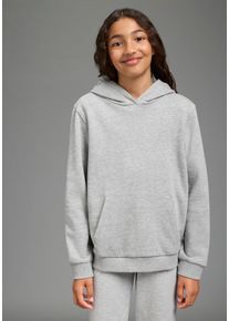 Kapuzensweatshirt Kidsworld "Hoodie mit Print auf der Kapuze", M&auml;dchen, Gr. 140/146, grau (graumeliert), Sweatware, Obermaterial: 90% Baumwolle, 10% Viskose, bedruckt, weit h&uuml;ftlang, B&uuml;ndchen, Sweatshirts Kapuzensweatshirt, Langarm, weite Passform, stylischer Druck, Basic-Stil