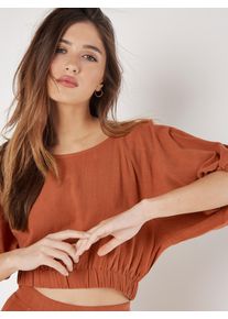 Klassische Bluse Apricot "Crop-Top", Damen, Gr. M (38), rot (rust), Obermaterial: 85% Viskose CV. 15% Leinen LI., unifarben, Blusen Klassische Bluse, mit Ballon&auml;rmeln
