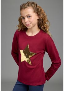 Langarmshirt Kidsworld "STERN", M&auml;dchen, Gr. 176/182, bordeaux, Single Jersey, Obermaterial: 100% Baumwolle, tailliert h&uuml;ftlang, Rundhals, abgesteppte Kante, Shirts Langarmshirt, Langarm, taillierter Schnitt, mit glitzernden Pailletten