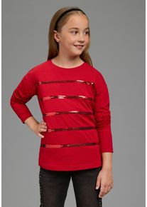 Langarmshirt Bruno Banani "Shirt mit Paillettendetails f&uuml;r M&auml;dchen", M&auml;dchen, Gr. 128/134, rot, Jersey, Obermaterial: 100% Baumwolle, unifarben, figurbetont h&uuml;ftlang, Rundhals, Shirts Langarmshirt, F&uuml;r TEENS, Langarmshirt mit Pailletten