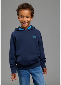 Kapuzensweatshirt Scout "Hoodie mit gro&szlig;em Frontdruck", Jungen, Gr. 104/110, blau (marine), angeraute Sweatware, Obermaterial: 100% Baumwolle, bedruckt, Basic h&uuml;ftbedeckend, Rippb&uuml;ndchen, Sweatshirts Kapuzensweatshirt, mit Kapuze, mit K&auml;ngurutasche, f&uuml;r Jungen