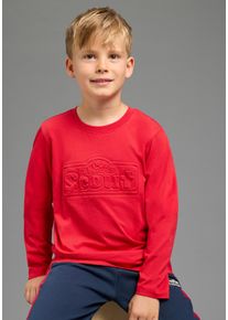 Langarmshirt Scout "Scout Pr&auml;gedruck, Logoprint", Jungen, Gr. 104/110, rot, Single Jersey, Obermaterial: 100% Baumwolle, bedruckt, unifarben, Basic, bequem h&uuml;ftlang, Rundhals, Shirts Langarmshirt, h&uuml;ftlange Schnittform, Langarm, mit Rundhalsausschnitt