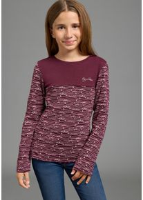 Langarmshirt Kangaroos "Shirt mit Allover-Druck", M&auml;dchen, Gr. 152/158, bordeaux gem, Feinripp, Obermaterial: 100% Baumwolle, eng h&uuml;ftlang, Shirts Langarmshirt, eng anliegende Passform, lang&auml;rmlig, mit Passe, h&uuml;ftlang
