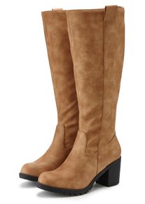 Weitschaftstiefel Lascana, Damen, Gr. 39, Normalschaft, braun (camelfarben), Obermaterial: 100% Lederimitat. Decksohle: 100% Textilmaterial. Futter: 100% Textilmaterial. Laufsohle: 100% Synthetik, unifarben, Schuhe Weitschaftstiefel, Stiefel, Stiefelette, langer Stiefel, Blockabsatz, Cowboy Stil VEGAN
