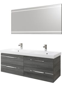 Badm&ouml;bel-Set SAPHIR "Balto 2-teilig Mineralmarmor-Doppelwaschtisch mit LED-Spiegel", grau (graphit struktur quer nachbildung mit chromeinlage), B:150cm H:200cm T:50,8cm, Holzwerkstoff, Kastenm&ouml;bel-Sets, Badm&ouml;bel-Set, Waschplatz 150 cm breit, 4 Schubladen, inkl. Schubladend&auml;mpfer