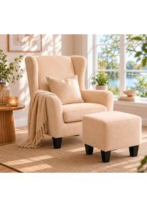 Ohrensessel OTTO HOME "CHILLY, Microfaser-Bezug, Sessel mit Hocker", beige (creme), B:84cm H:101cm T:84cm, 100% Polyester;Karo Stoff (60% Polyester/40% Baumwolle);Velvet (100% Polyester);Luxus-Microfaser in Teddy Optik (100% Polyester), Sessel, Ohrensessel, Unser Dauertiefpreis