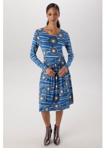 Jerseykleid Aniston SELECTED, Damen, Gr. 48, N-Gr, blau (royalblau, schwarz, wei&szlig;), Single Jersey, Obermaterial: 95% Viskose, 5% Elasthan, bedruckt, gemustert, figurbetont knieumspielend, Rundhals, Kleider Jerseykleid, mit gerafften Taillenbund - NEUE KOLLEKTION