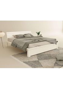 Massivholzbett Home Affaire "Antri, Futonbett, ergonomisch geformtes Kopfteil, stilvolles Design", wei&szlig;, B:198cm H:79,2cm L:224,6cm, Betten, Massivholzbett, Rahmen zur Ablage von Smartphone, mit Lattenrost, Bettkasten optional